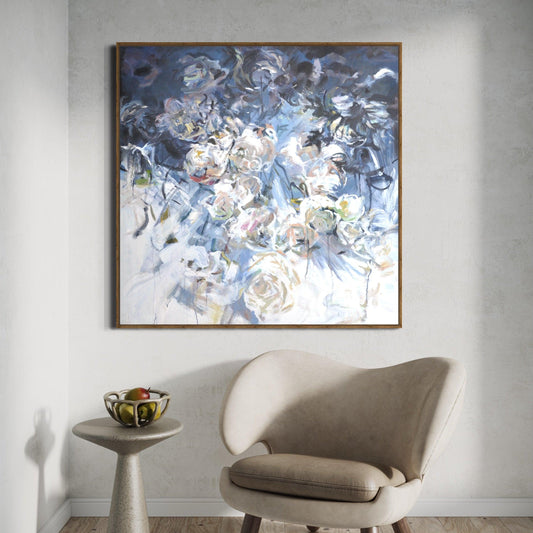 Midnight Bloom: A Modern White Blue Floral Symphony - Zelly Collection