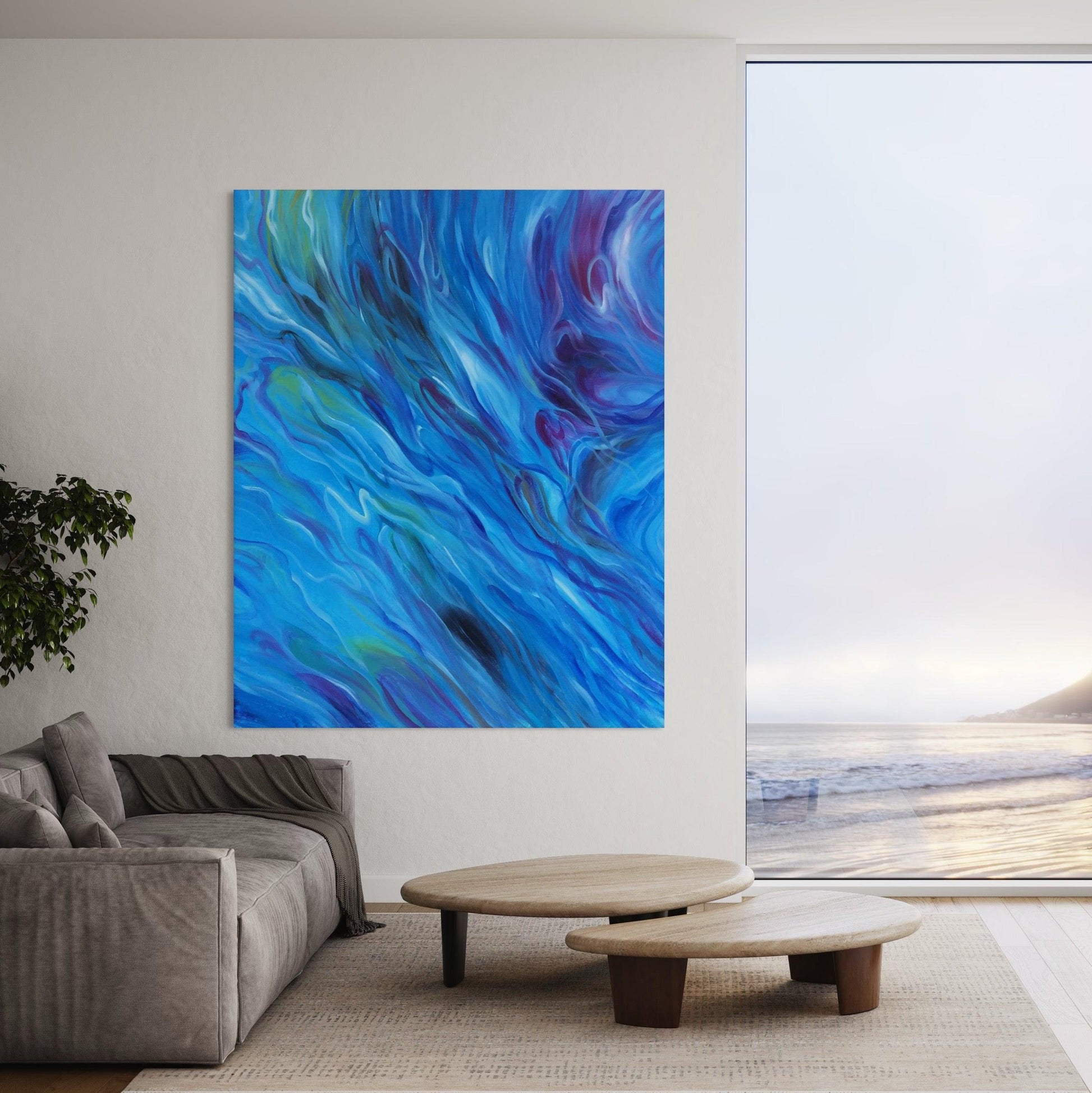 Whispers of the Deep: Abstract Oceanic Flow-Large Painting - Zelly Collection